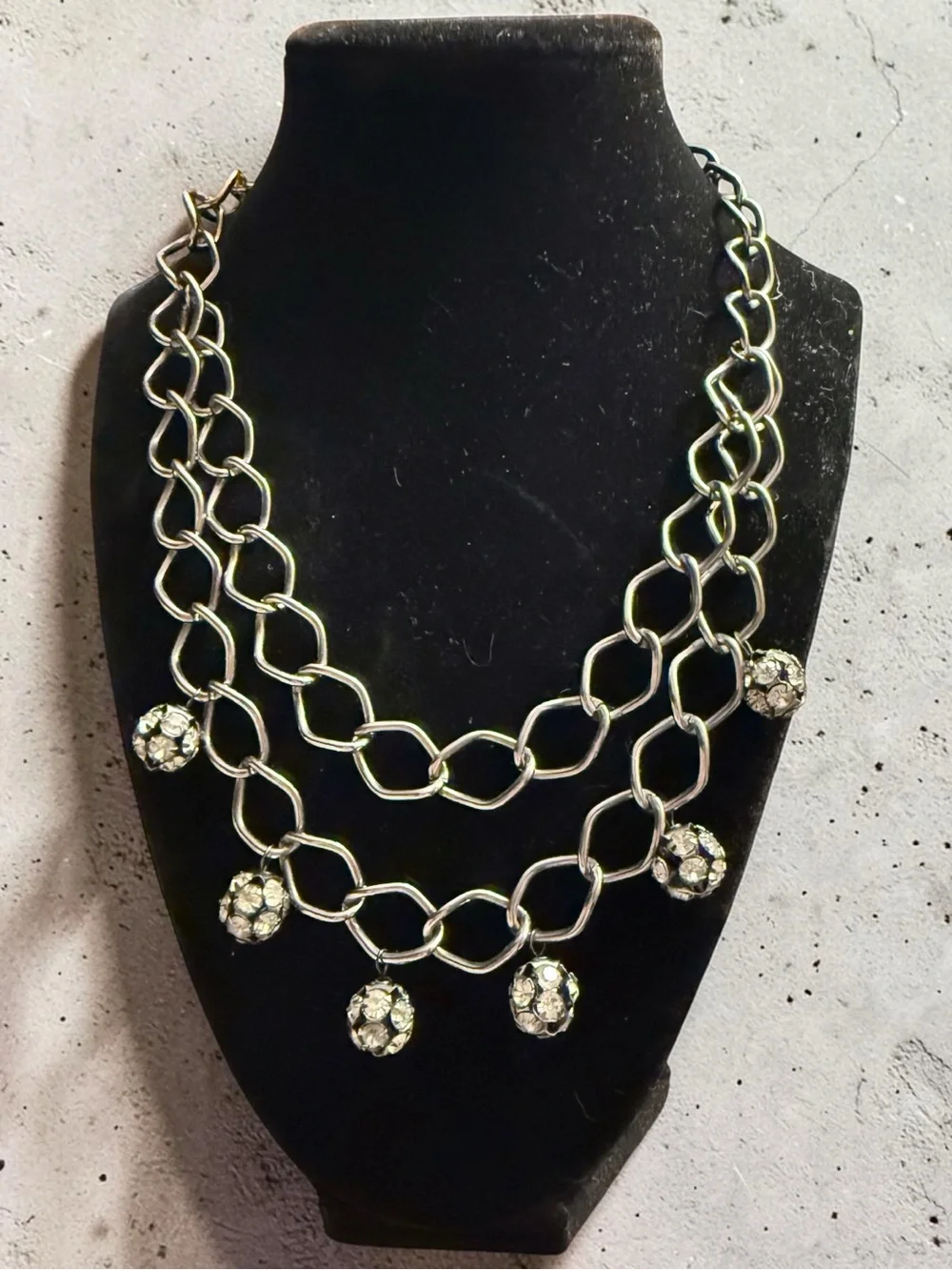 Double-Row Silver Necklace with Crystal Ball Charms